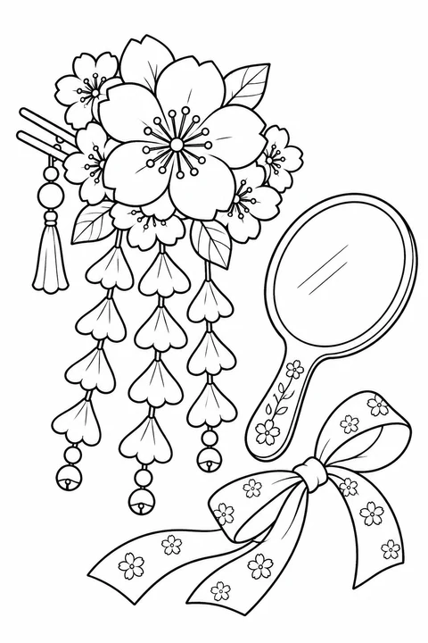 A Japanese floral hair ornament with dangling petals lies beside a ribbon and a small mirror.