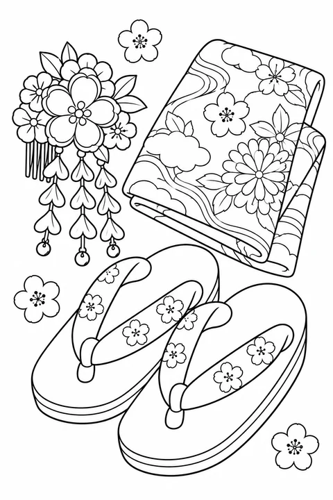 A pair of Japanese zori sandals sits beside a floral hair ornament and neatly folded patterned fabric.