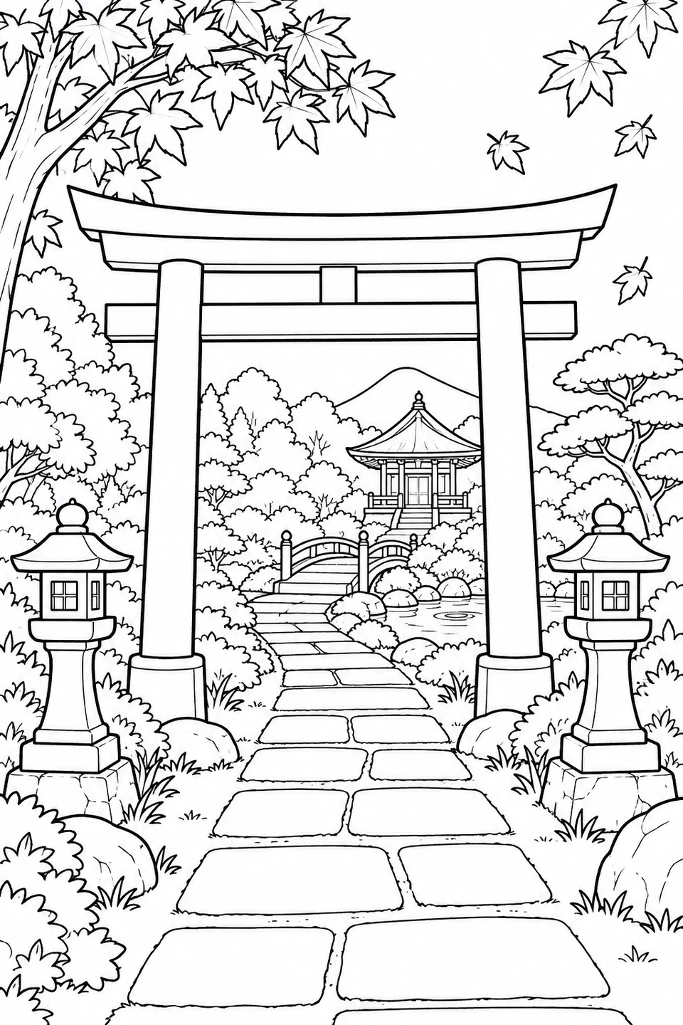 A garden path passes through a torii gate among stone lanterns, a bridge and a pavilion.