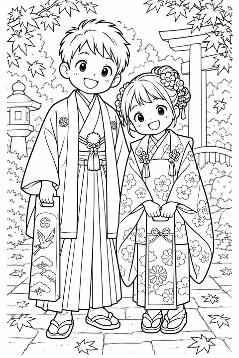 Two smiling siblings wear traditional Japanese outfits and hold long candy bags for Shichi-Go-San.
