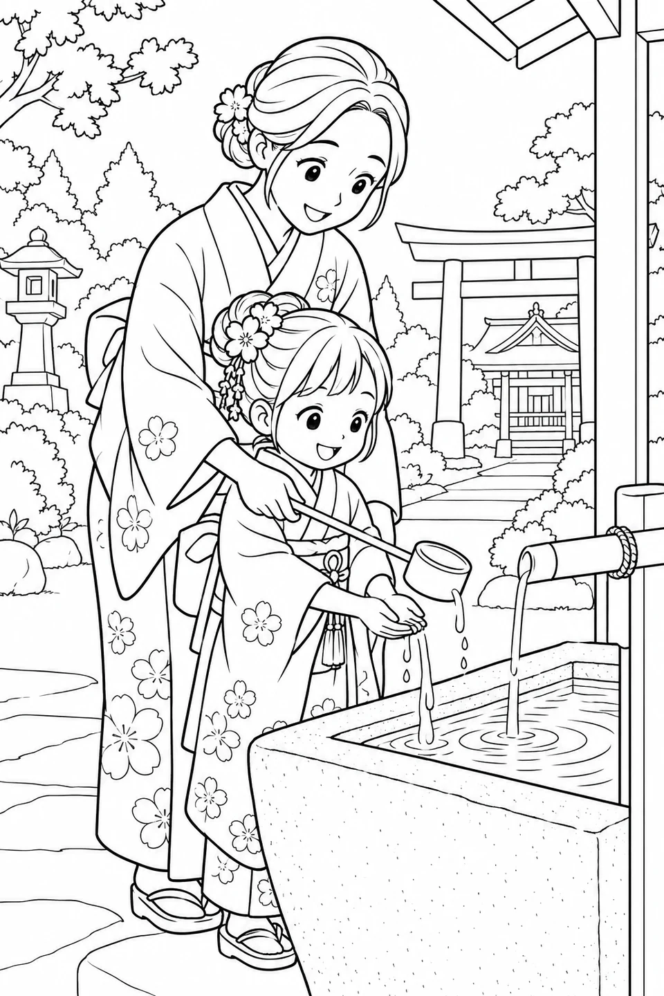 A mother helps a child in a floral kimono rinse hands with a ladle at a shrine basin. Color the water, garden and distant torii gate.