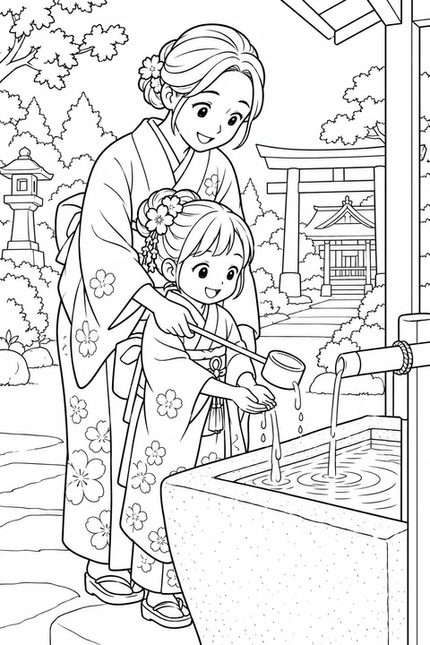 A mother helps a child in a floral kimono rinse hands with a ladle at a shrine basin. Color the water, garden and distant torii gate.