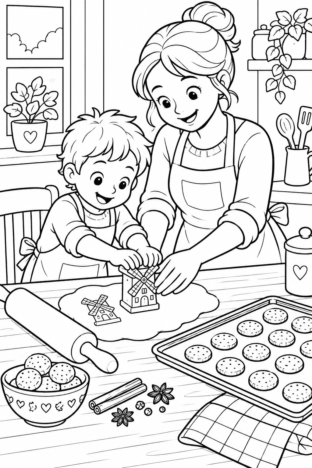 A parent and child press a windmill-shaped cookie mould into dough beside a tray of biscuits.