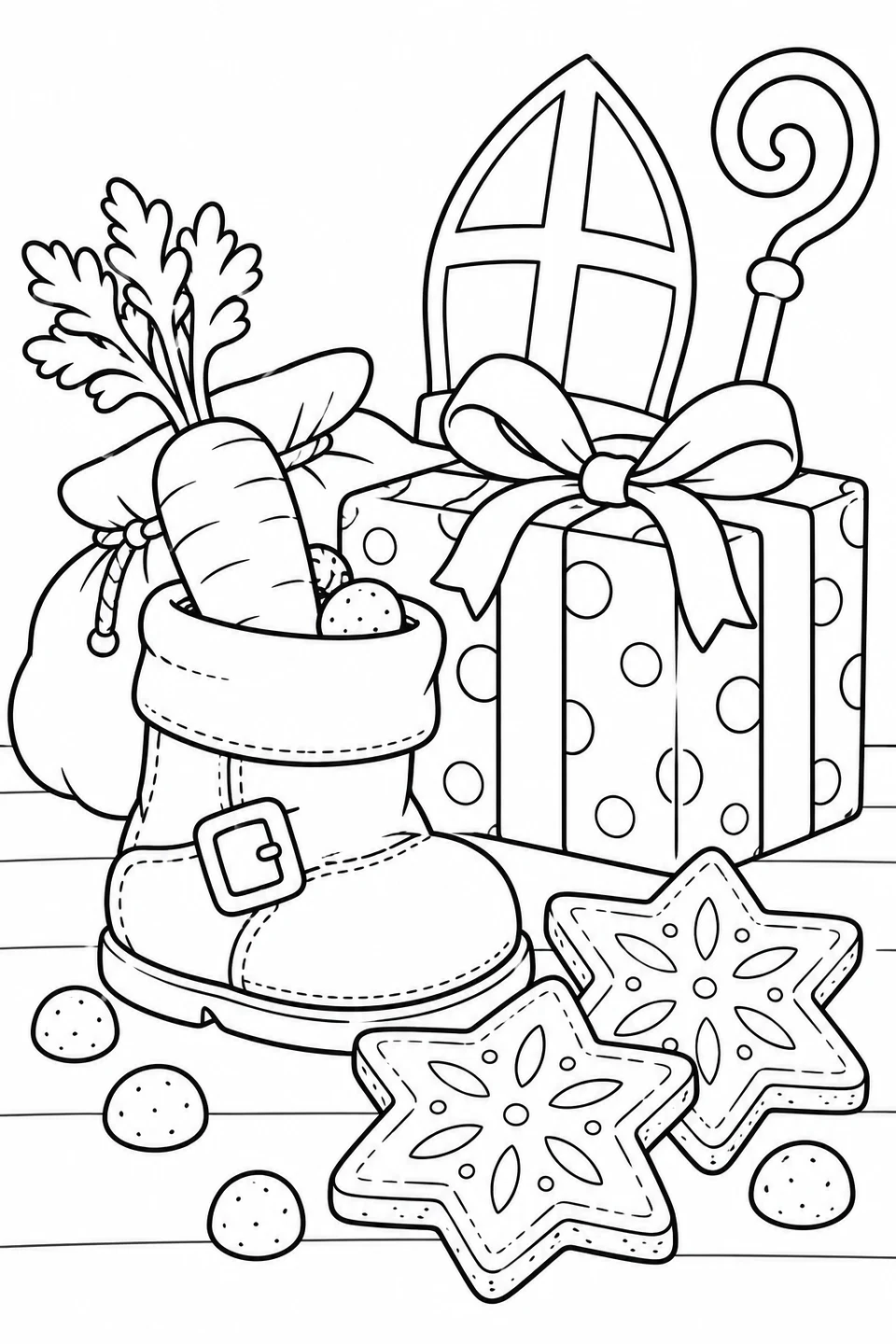 A boot with a carrot sits among a gift, a mitre, a curled staff and star-shaped and round cookies.