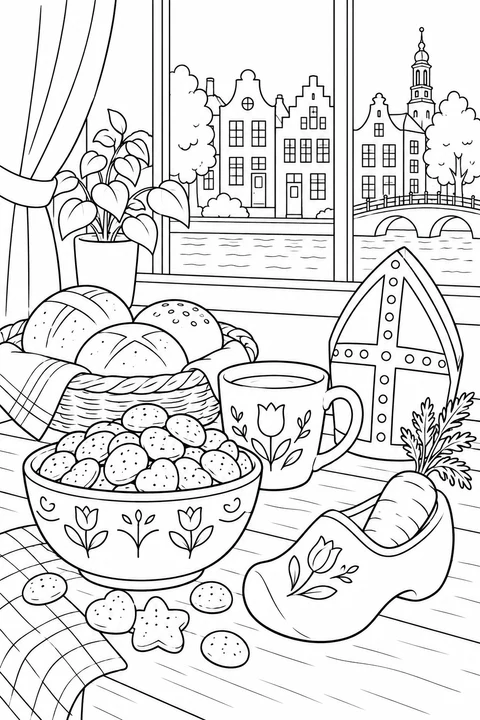 Bread rolls, spice cookies and a cup sit by a Dutch canal window. A paper mitre and a carrot in a wooden clog add Sinterklaas details.