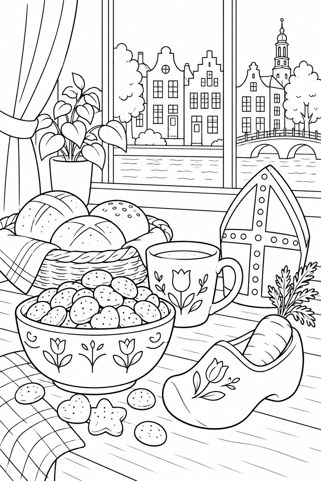 Bread rolls, spice cookies and a cup sit by a Dutch canal window. A paper mitre and a carrot in a wooden clog add Sinterklaas details.