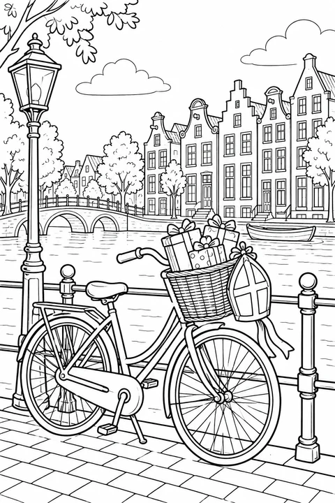 A bicycle with a basket of gifts and a paper mitre by the handlebars stands beside a Dutch canal. Color the spokes, ribbons and gabled houses.