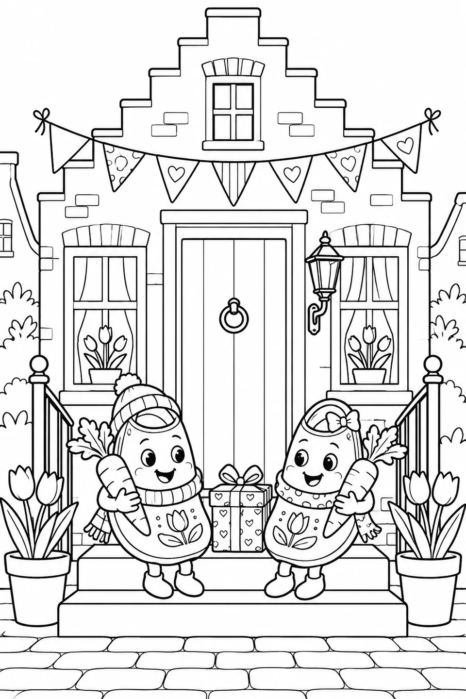 Two smiling wooden clogs with little arms and feet hold carrots beside a gift at a Dutch doorway.