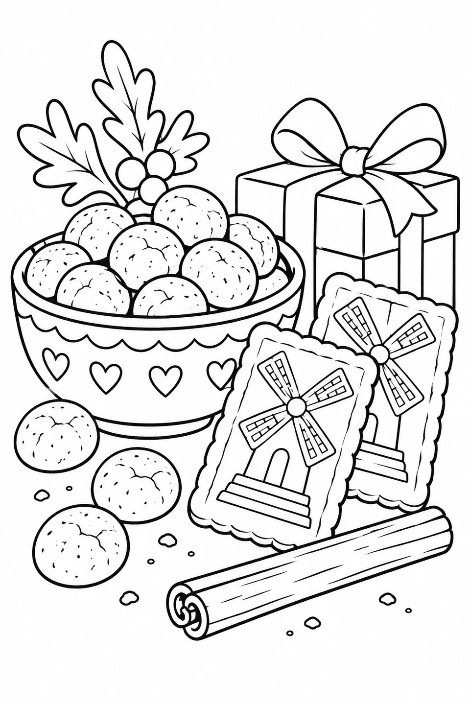 A bowl of round spice cookies sits beside biscuits decorated with windmills, cinnamon and a wrapped gift.