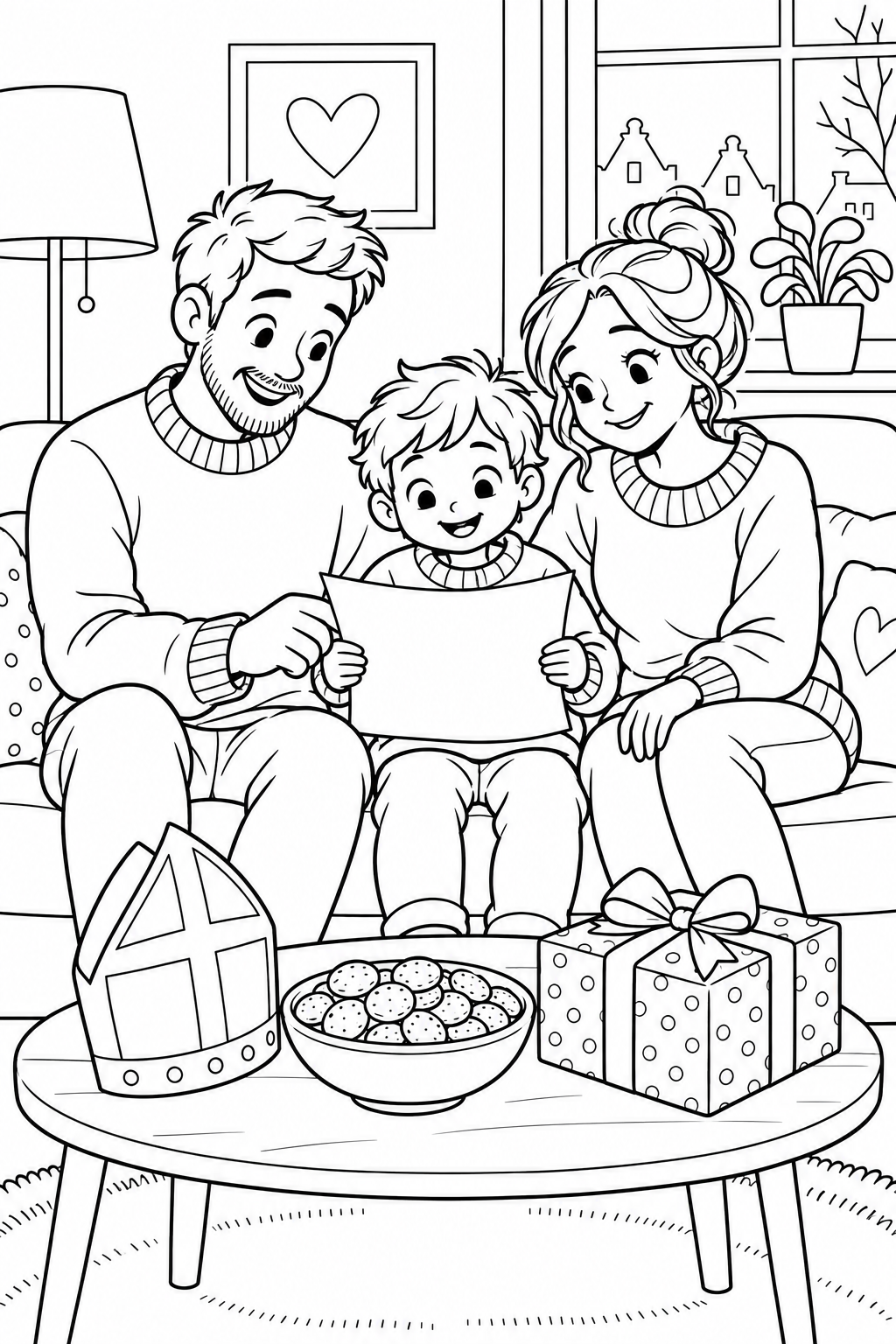 Two parents and a child sit on the sofa with a blank sheet for a festive poem. A mitre, spice cookies and a wrapped gift set the Sinterklaas scene.