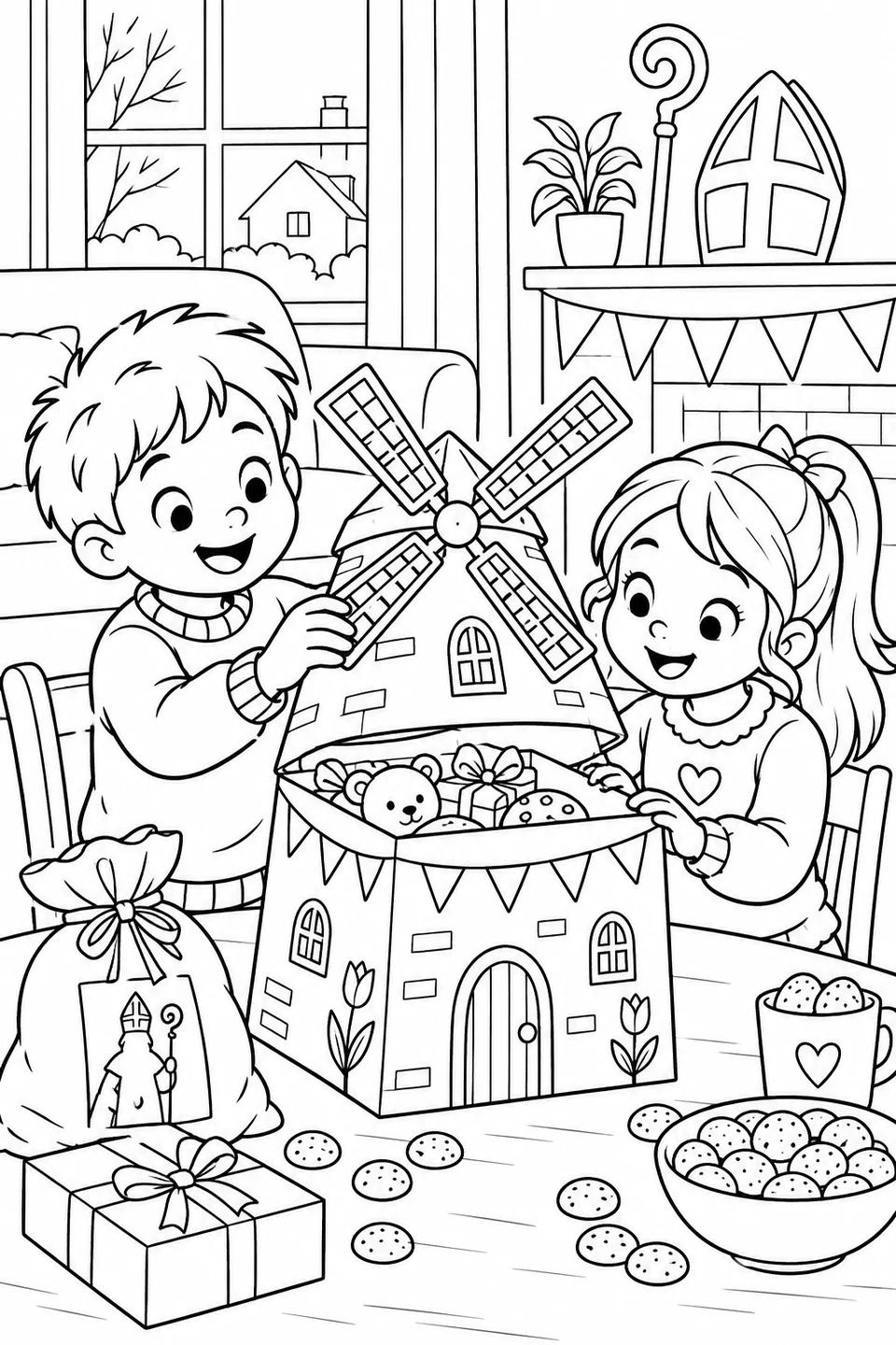 Two children lift the lid of a handmade windmill gift box to find a teddy and presents. Spice cookies, a mitre and a staff decorate their room.