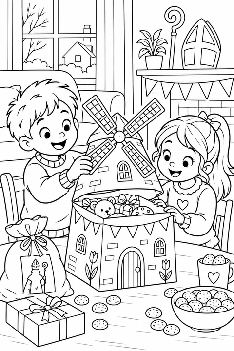 Two children lift the lid of a handmade windmill gift box to find a teddy and presents. Spice cookies, a mitre and a staff decorate their room.