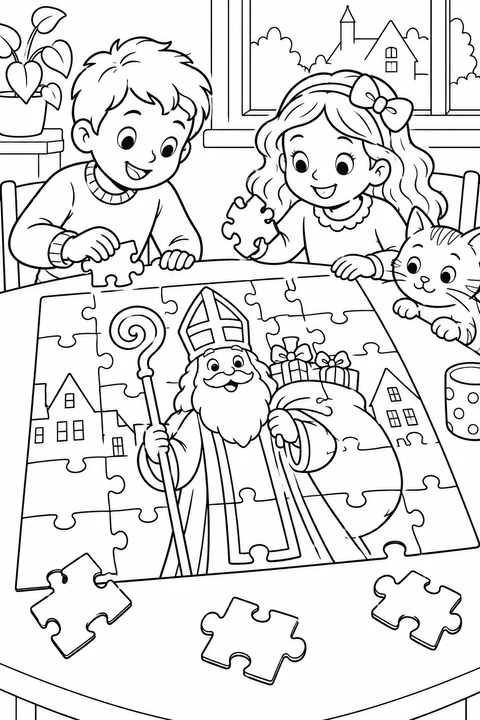Two children assemble a puzzle of smiling Sinterklaas with his mitre, staff and sack of presents. A cat and loose pieces sit beside the puzzle.