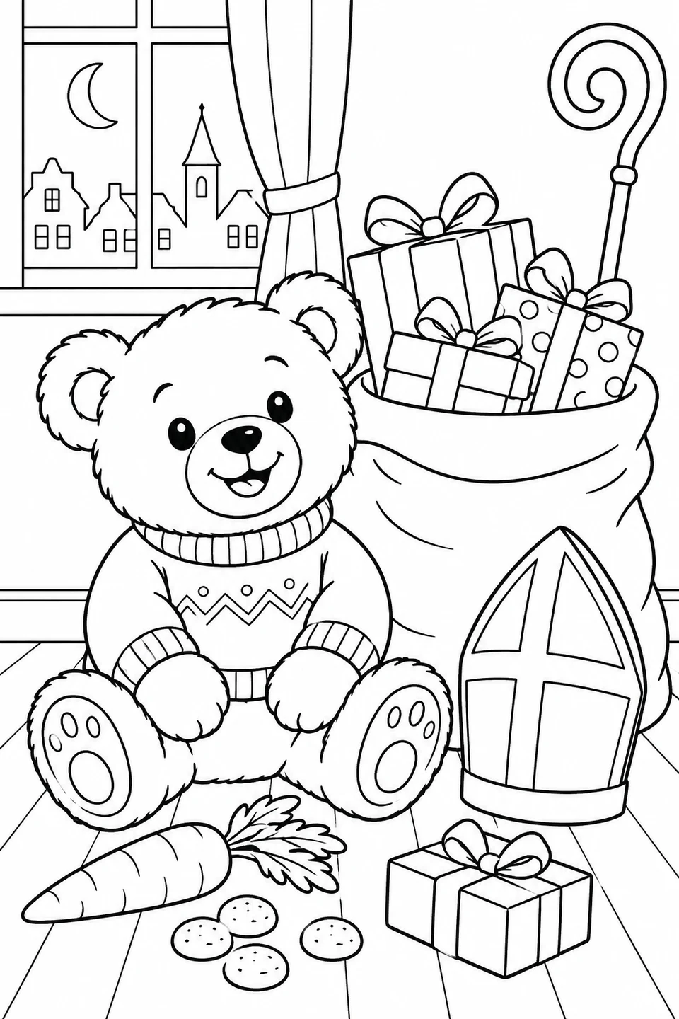 A dressed teddy bear sits beside a sack of presents, a bishop's mitre and a curled staff. Carrots and spice cookies complete this friendly Sinterklaas picture.