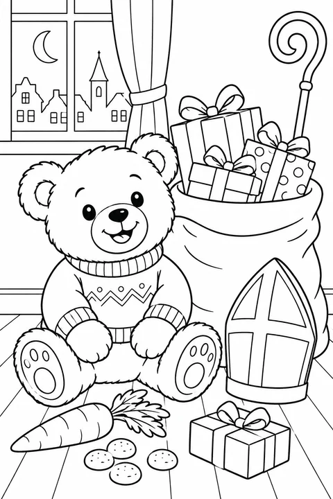 A dressed teddy bear sits beside a sack of presents, a bishop's mitre and a curled staff. Carrots and spice cookies complete this friendly Sinterklaas picture.