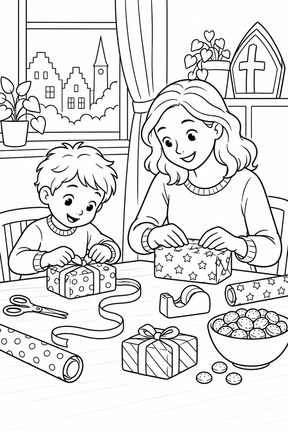 A parent and child wrap presents at a table with a mitre decoration and round spice cookies.