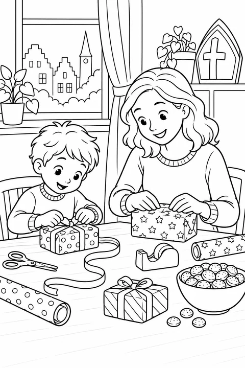 A parent and child wrap presents at a table with a mitre decoration and round spice cookies.