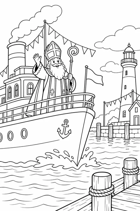 Sinterklaas saluta dal suo battello a vapore accanto al faro del porto.