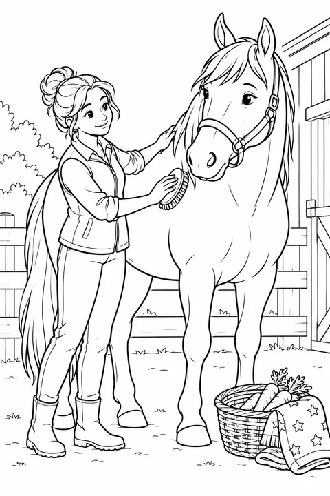 Un’adulta spazzola dolcemente un cavallo tranquillo, vicino a un cesto di carote e a una coperta con le stelle.