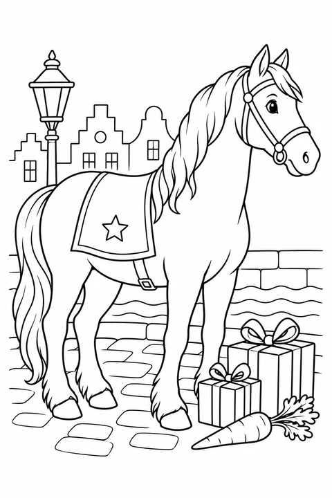 Un cavallo docile con una coperta da sella decorata con una stella è accanto a due regali e una carota.