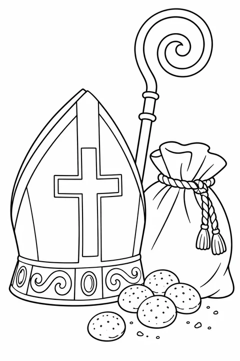 Una mitra con una croce è accanto a un pastorale ricurvo, a un sacco di regali e a biscotti speziati rotondi.