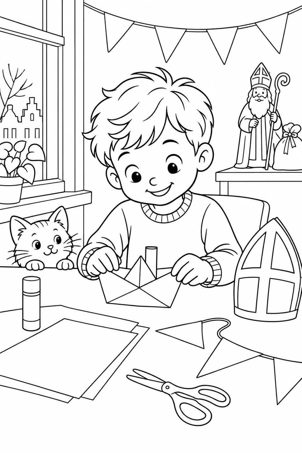 Ein Kind faltet ein Papierdampfschiff neben einer Papiermitra und Bastelsachen. Eine freundliche Katze schaut bei den Sinterklaasvorbereitungen zu.