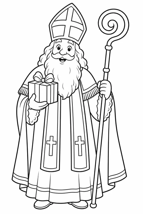 Sinterklaas indossa un’alta mitra e una lunga veste e sorride tenendo il pastorale e un piccolo regalo.