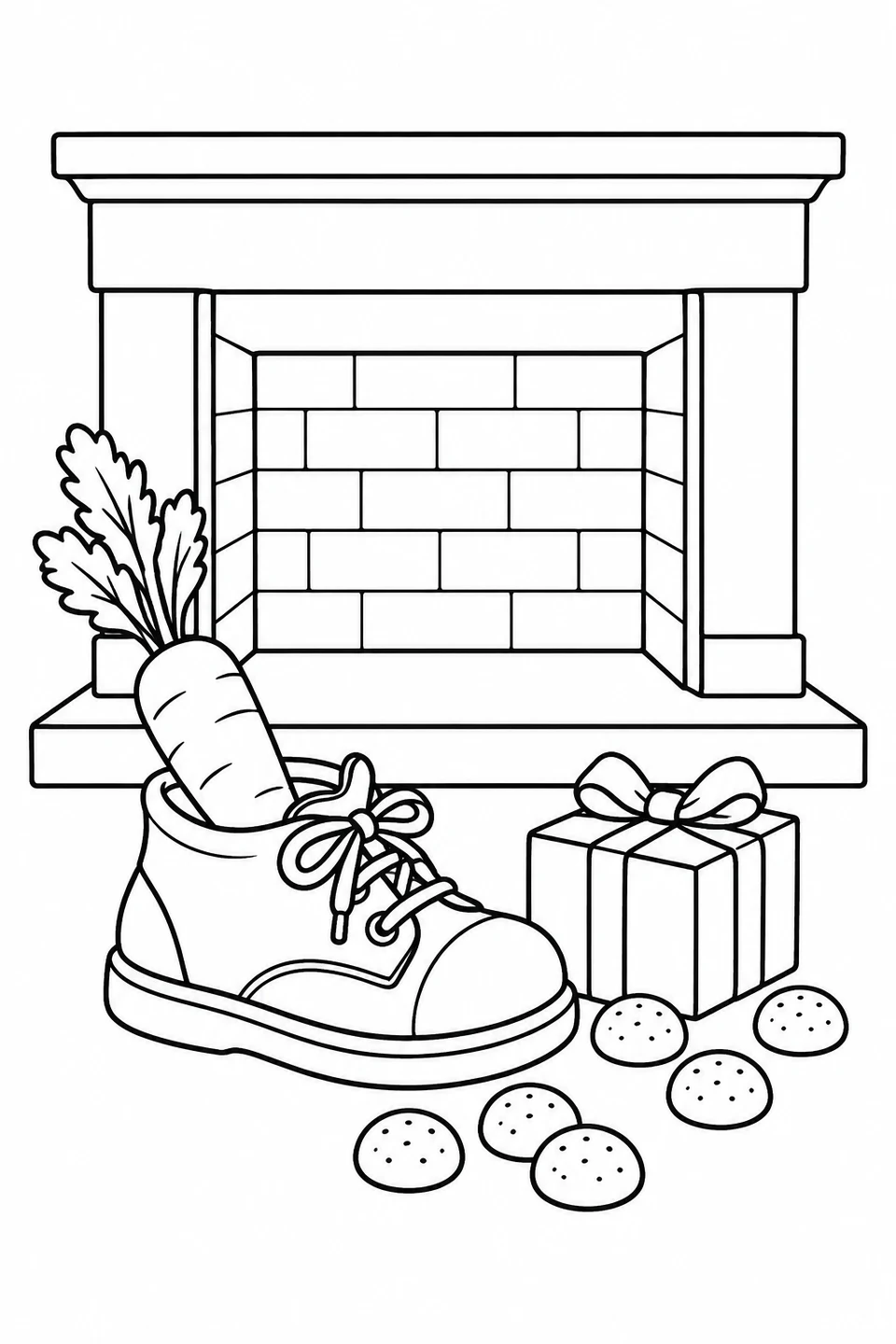 Eine Karotte steckt in einem Kinderschuh am Kamin. Daneben liegen ein Geschenk und Gewürzkekse.