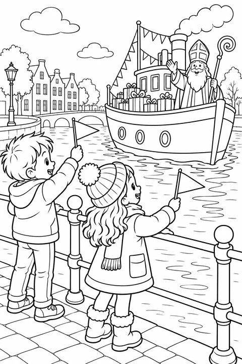 Due bambini sventolano bandierine dietro una ringhiera sul lungofiume per accogliere Sinterklaas sul suo battello a vapore.