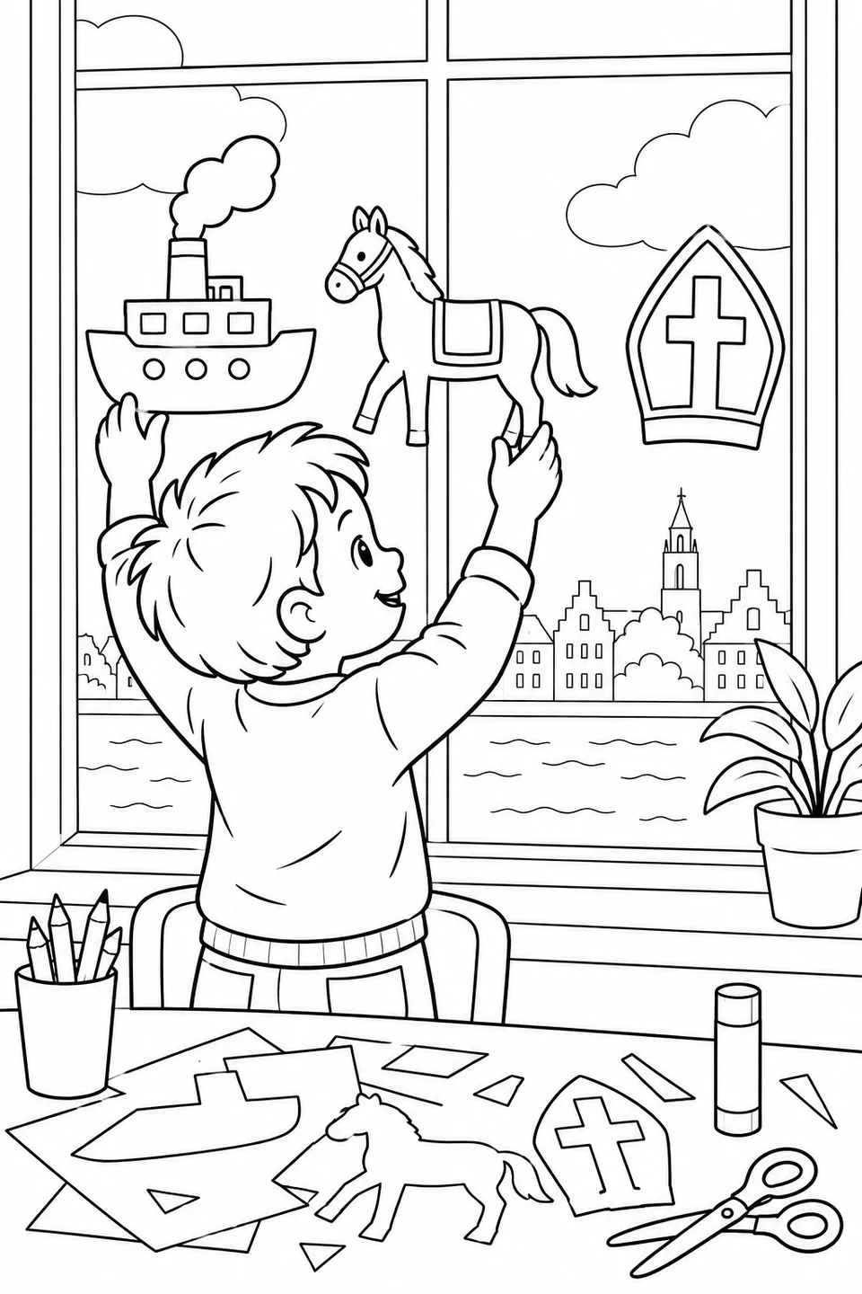 子どもが蒸気船や馬、司教の帽子の切り紙を窓に飾っています。窓の外にはオランダの運河が見え、テーブルには工作道具が並んでいます。