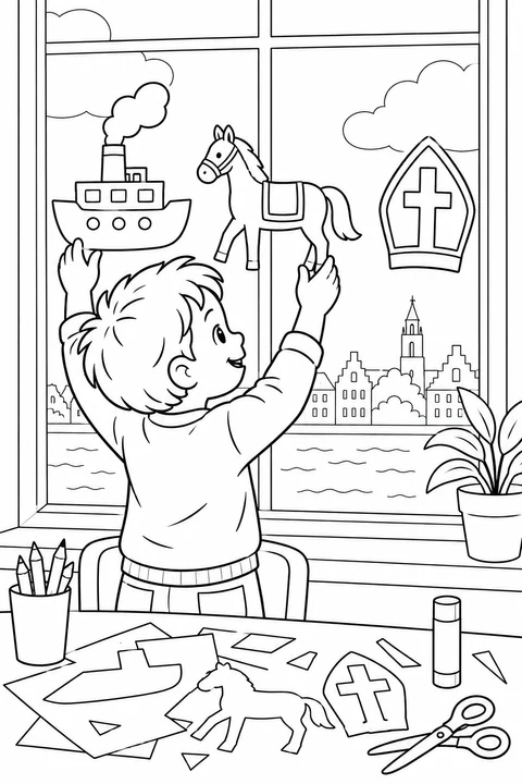A child arranges paper steamboat, horse and mitre shapes on a window overlooking a Dutch canal. Color the cutouts and craft supplies on the table.
