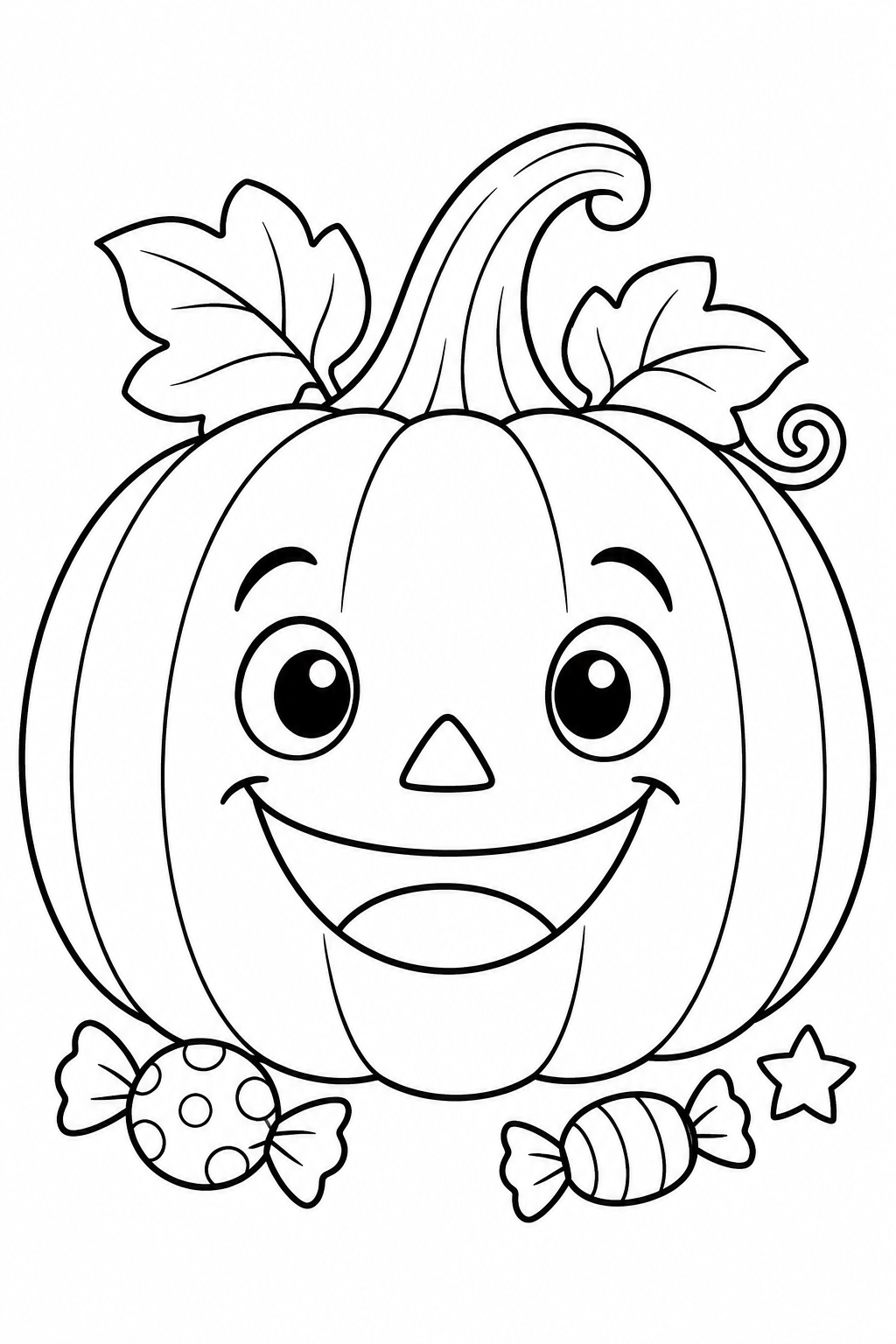 A smiling pumpkin with two leaves, wrapped candies and a star.