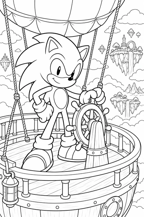 Sonic houdt het stuurwiel vast op het ronde dek van een ballonluchtschip met een reling eromheen. Tussen de wolken zweven eilanden met bomen, torens en watervallen.