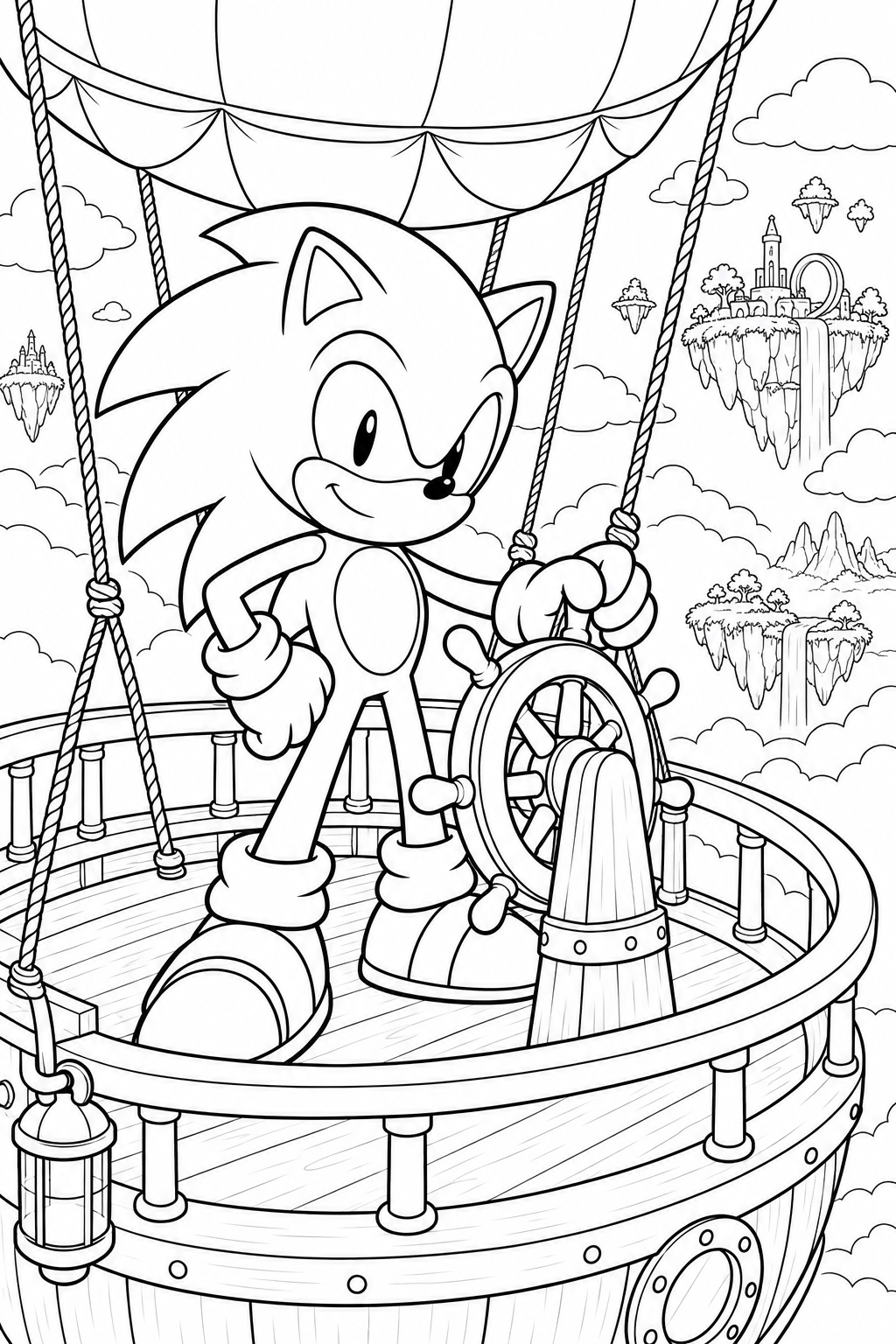Sonic houdt het stuurwiel vast op het ronde dek van een ballonluchtschip met een reling eromheen. Tussen de wolken zweven eilanden met bomen, torens en watervallen.