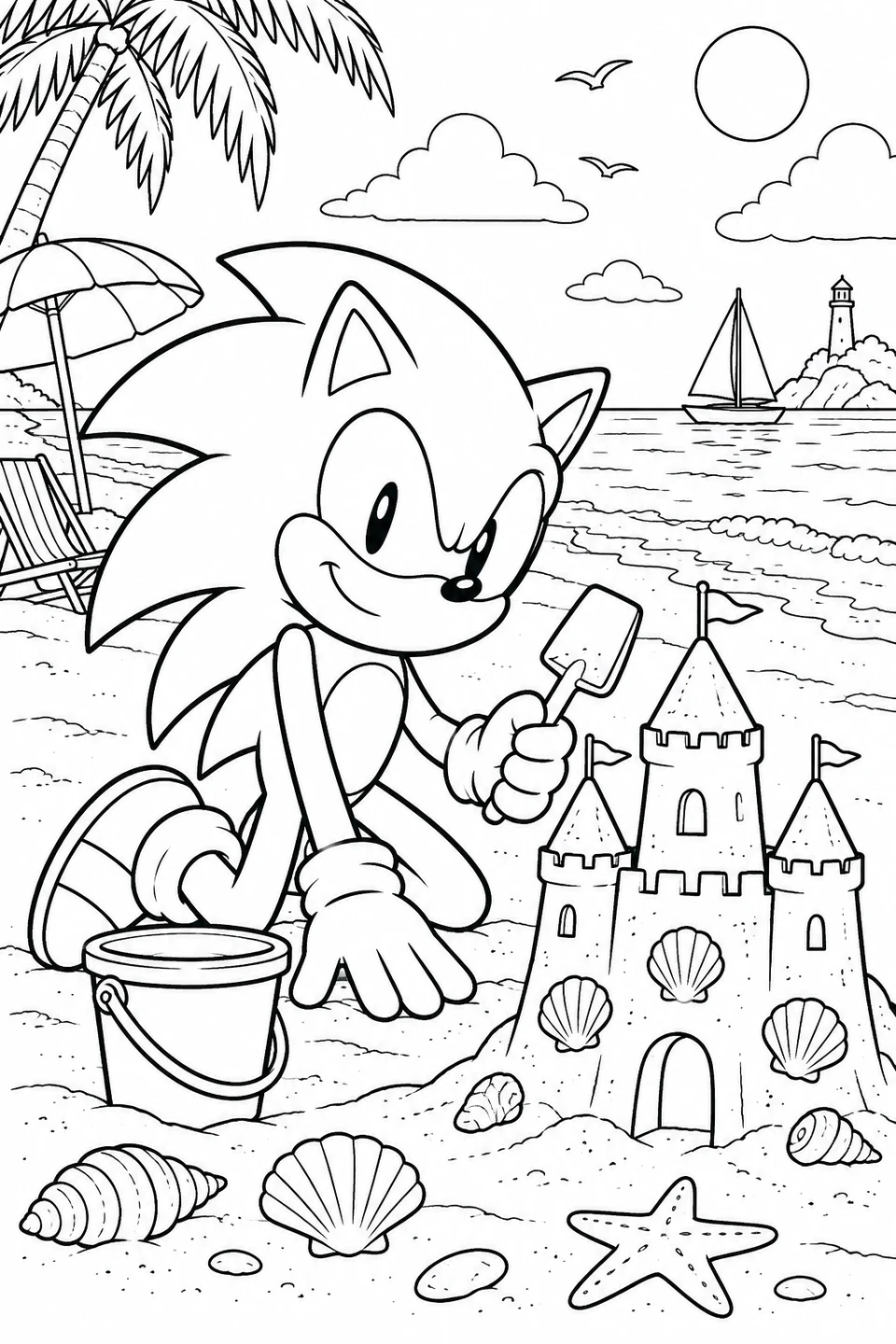 Sonic knielt met een speelgoedschep naast een zandkasteel met drie torens en schelpen. Een emmer, parasol en zeilboot in de verte maken het strandtafereel compleet.