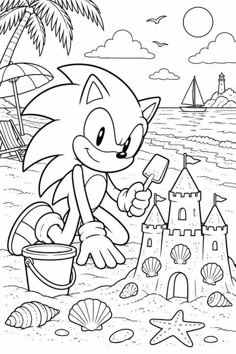 Sonic knielt met een speelgoedschep naast een zandkasteel met drie torens en schelpen. Een emmer, parasol en zeilboot in de verte maken het strandtafereel compleet.