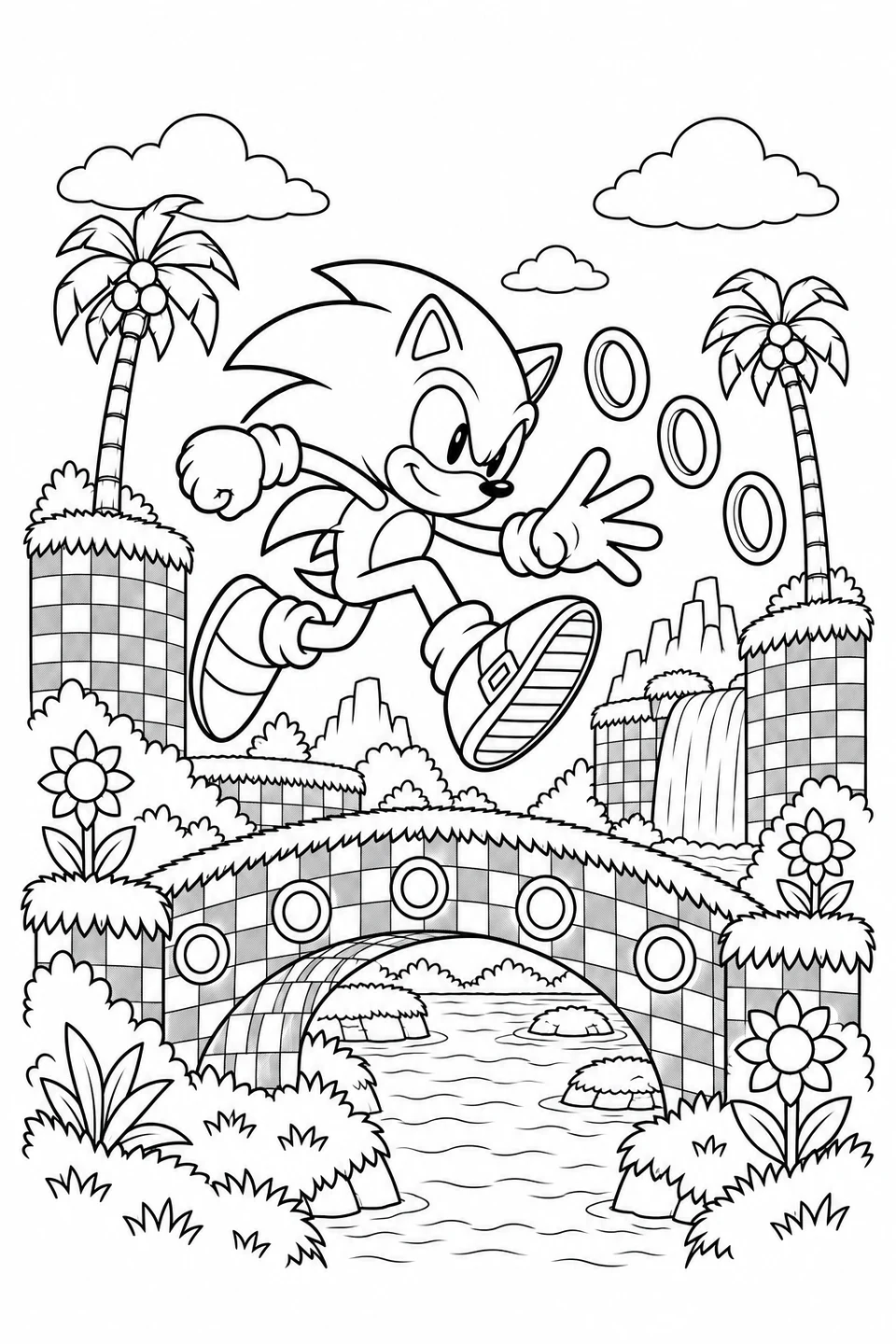 Sonic leaps above a bridge in a patterned landscape with palm trees and rings.