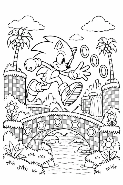 Sonic leaps above a bridge in a patterned landscape with palm trees and rings.