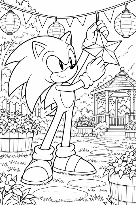 Sonic hangt een stervormige lantaarn onder een snoer met ronde lantaarns en vlaggetjes. Bloembakken en een prieel versieren het tuinpad.