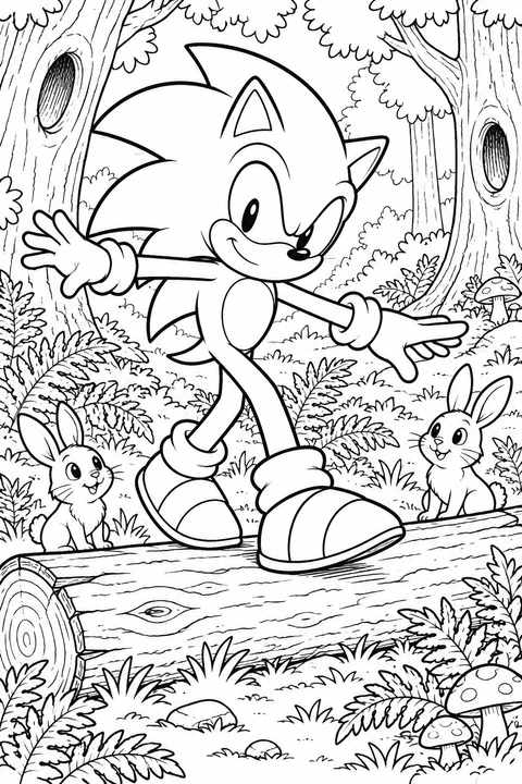 Sonic spreidt zijn armen en balanceert op een lage omgevallen boomstam. Twee konijnen kijken toe tussen varens, paddenstoelen en bomen met kleine holtes.