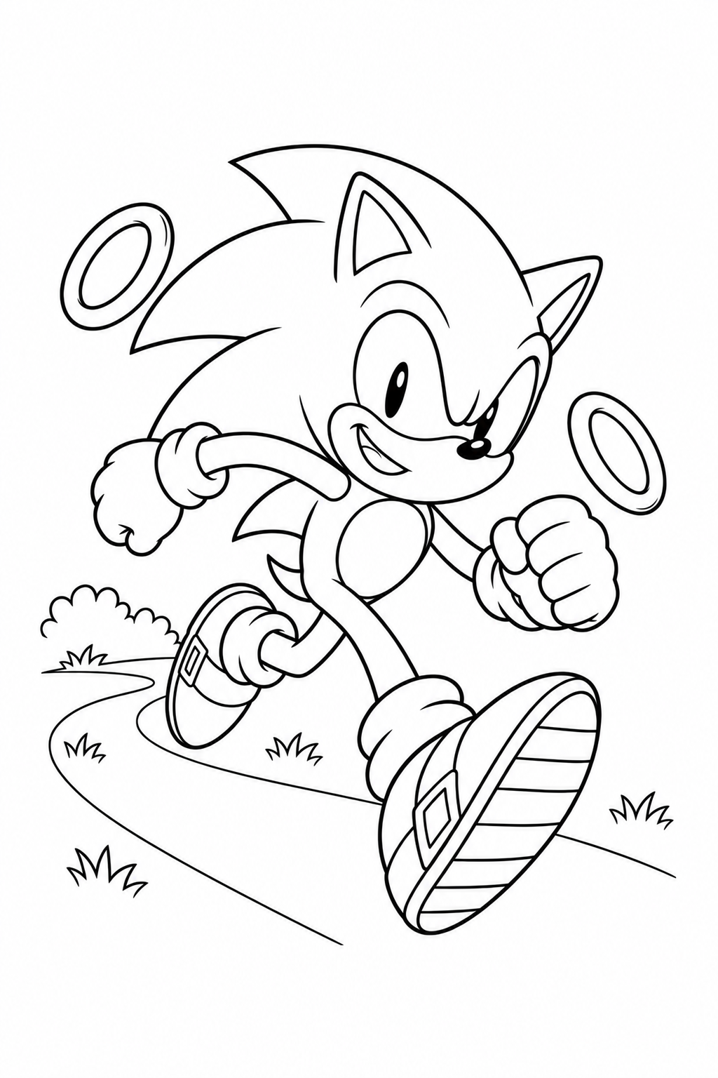 Sonic runs along a path with rings and a small landscape.