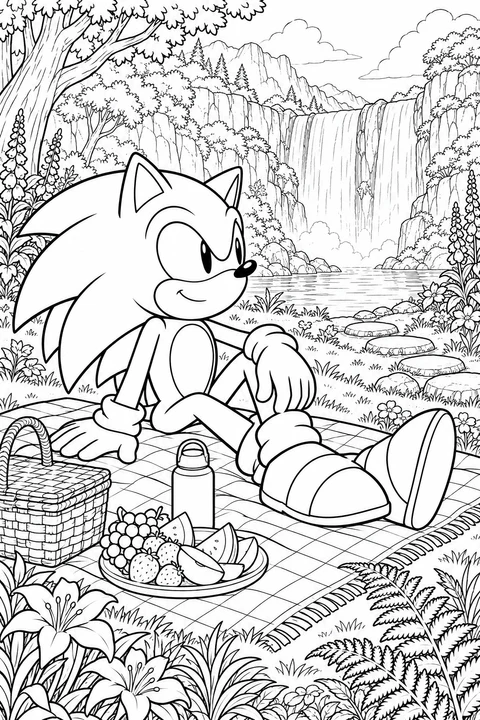 Sonic rust op een geruit picknickkleed met een bord fruit, een mand en een fles. Aan de overkant van het water stroomt een brede waterval tussen bloemen en varens.