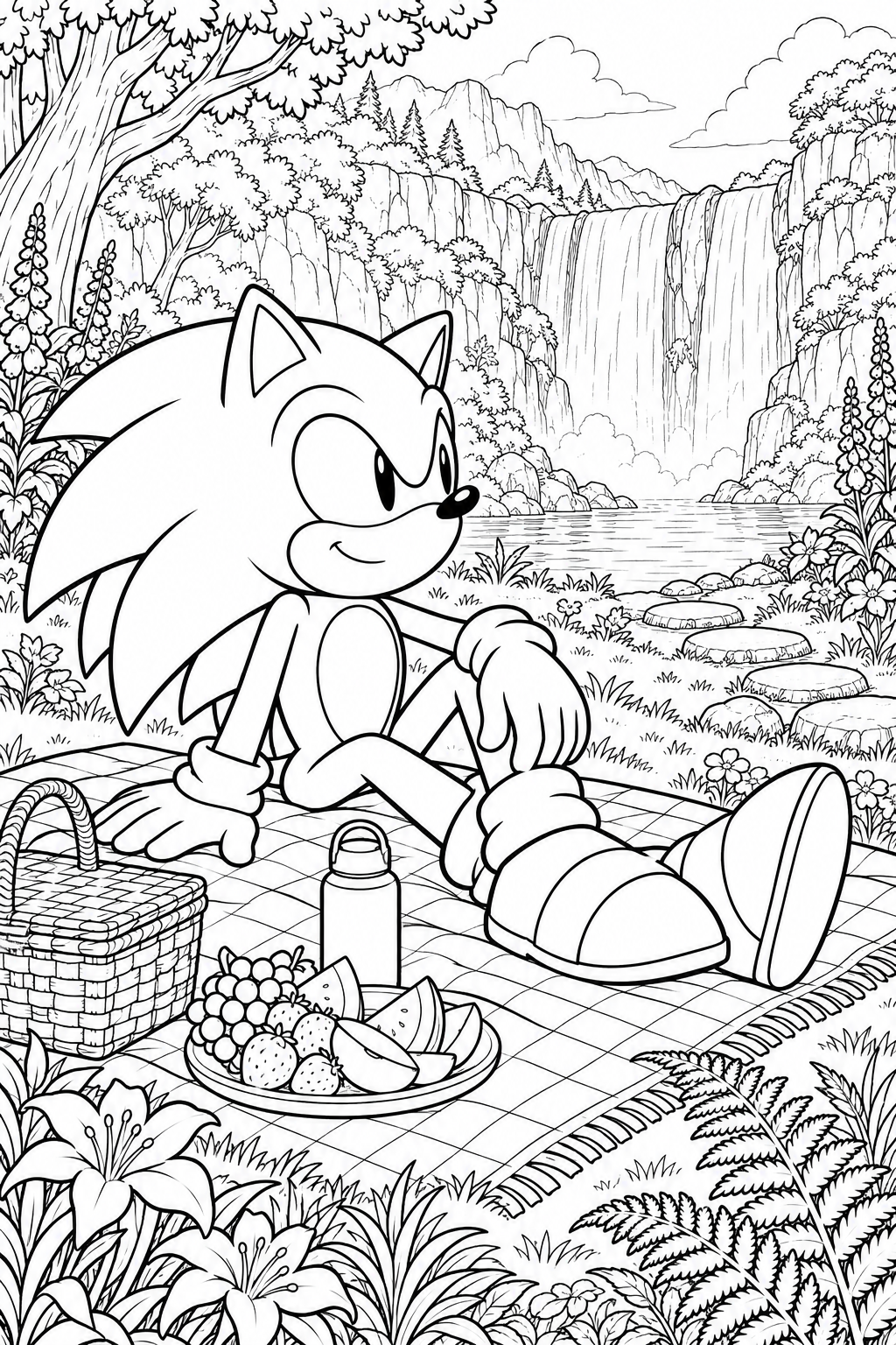 Sonic rust op een geruit picknickkleed met een bord fruit, een mand en een fles. Aan de overkant van het water stroomt een brede waterval tussen bloemen en varens.