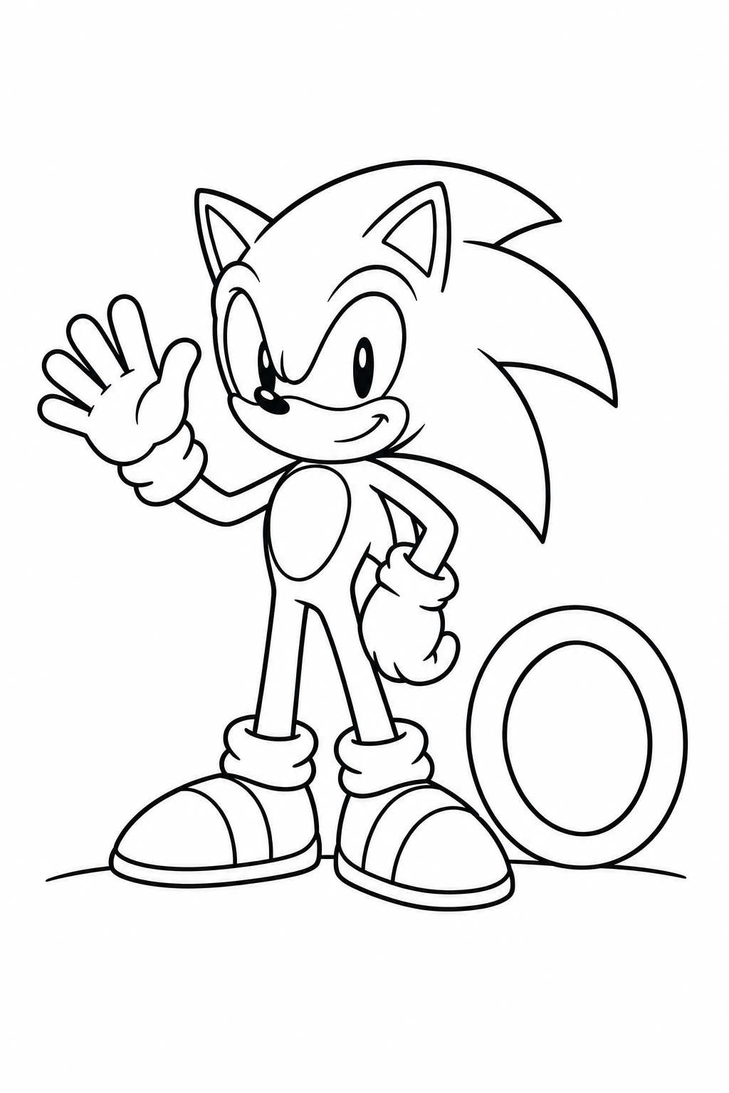 Sonic stands and waves beside one ring, with wide spaces to color.