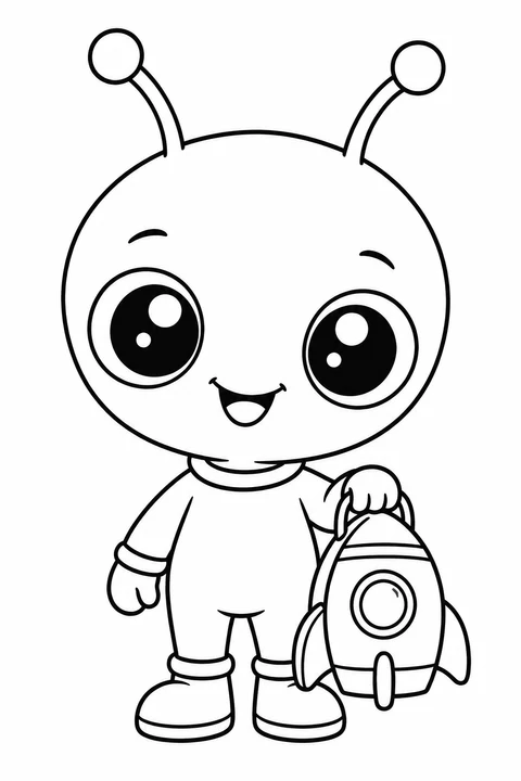 A friendly little alien holds a rocket-shaped lunchbox.