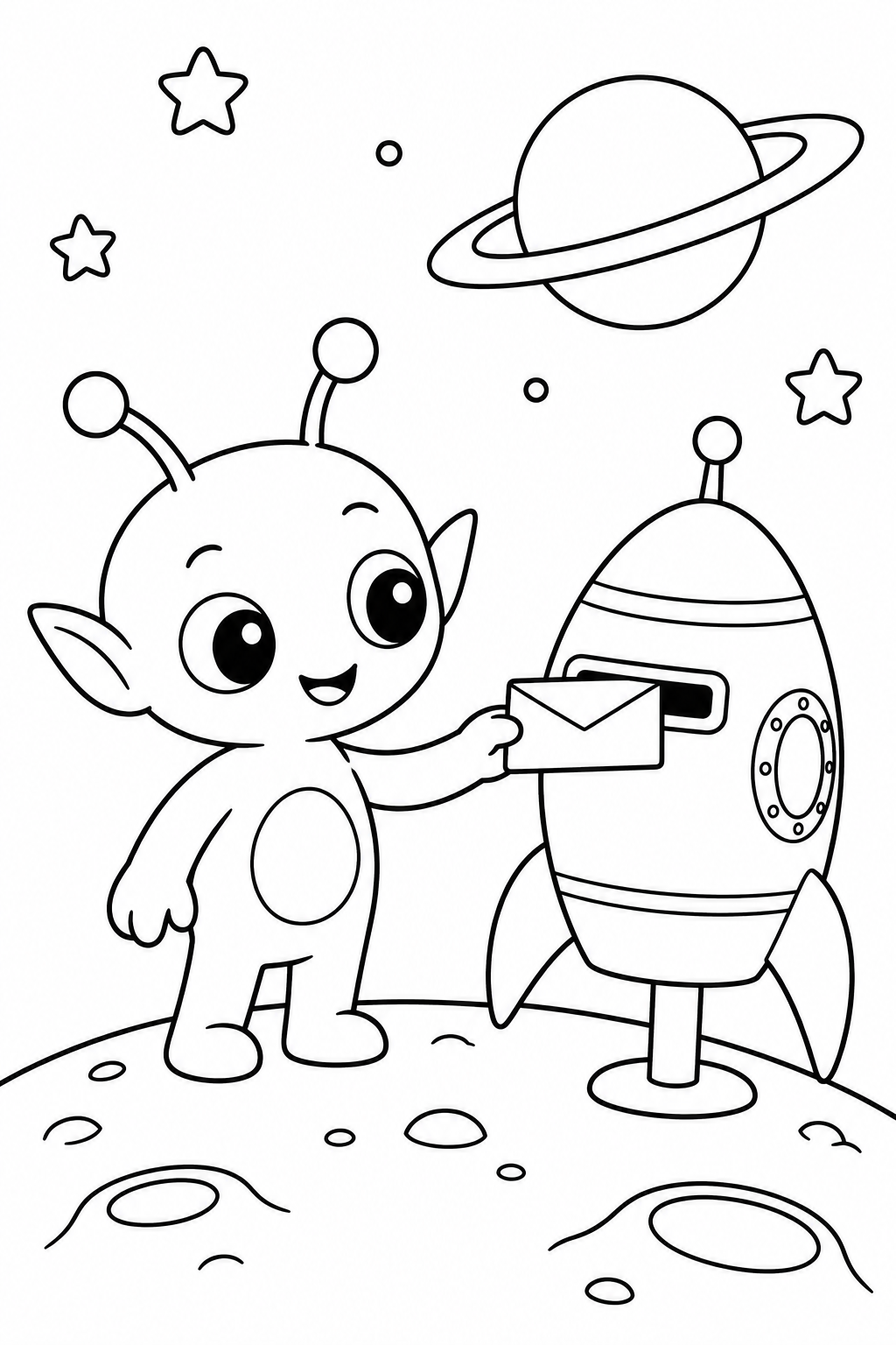 A friendly little alien posts an envelope in a rocket-shaped mailbox.