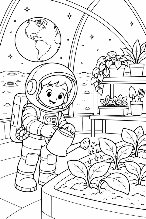 An astronaut waters seedlings in a moon greenhouse with Earth visible through the window.