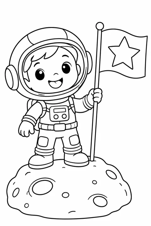 A little astronaut holds a star flag while standing on a moon rock.