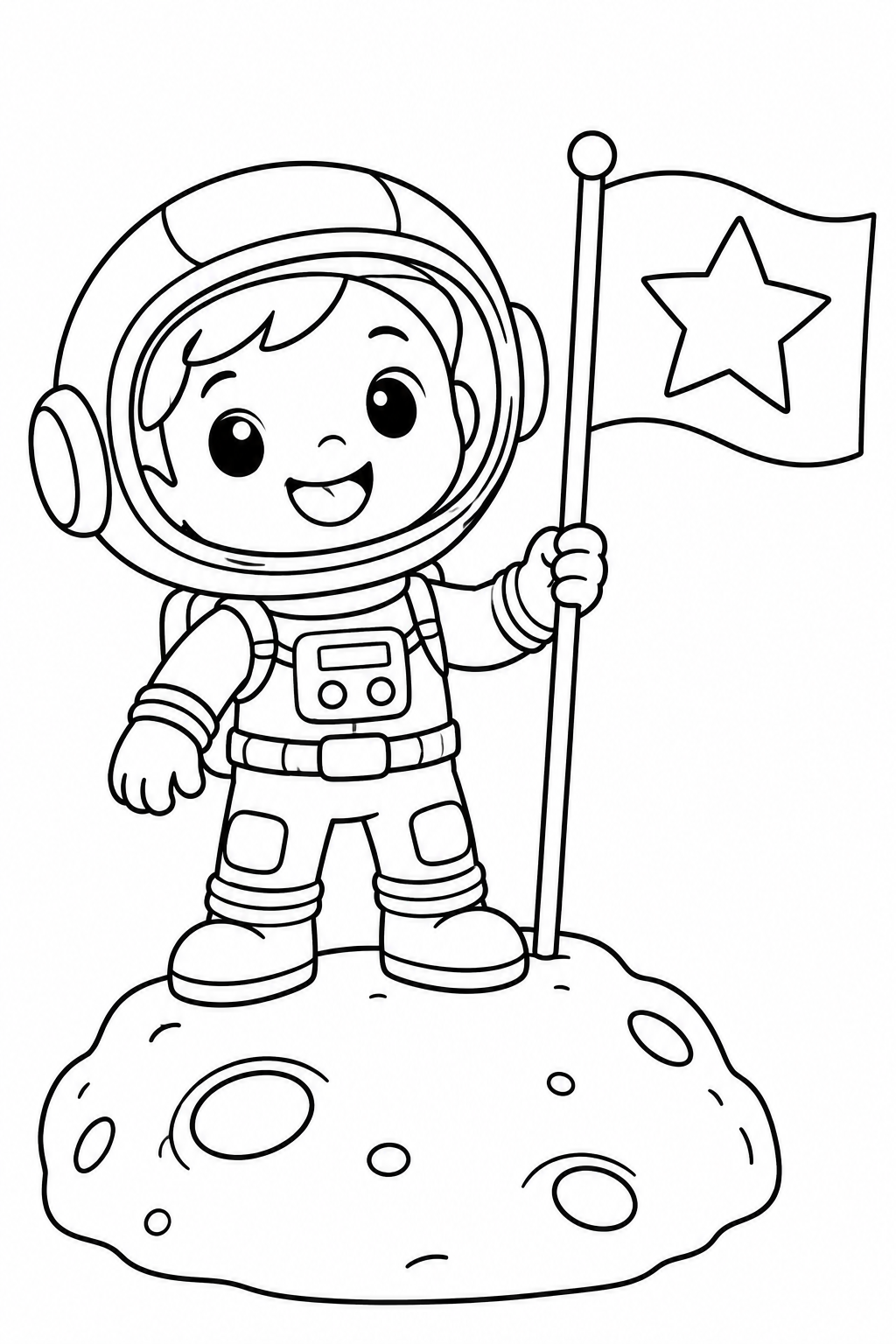 A little astronaut holds a star flag while standing on a moon rock.