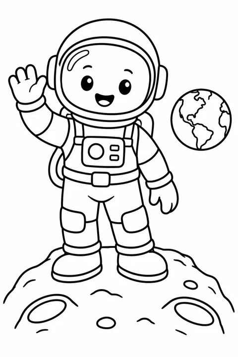A smiling astronaut waves from the moon with Earth in the distance.